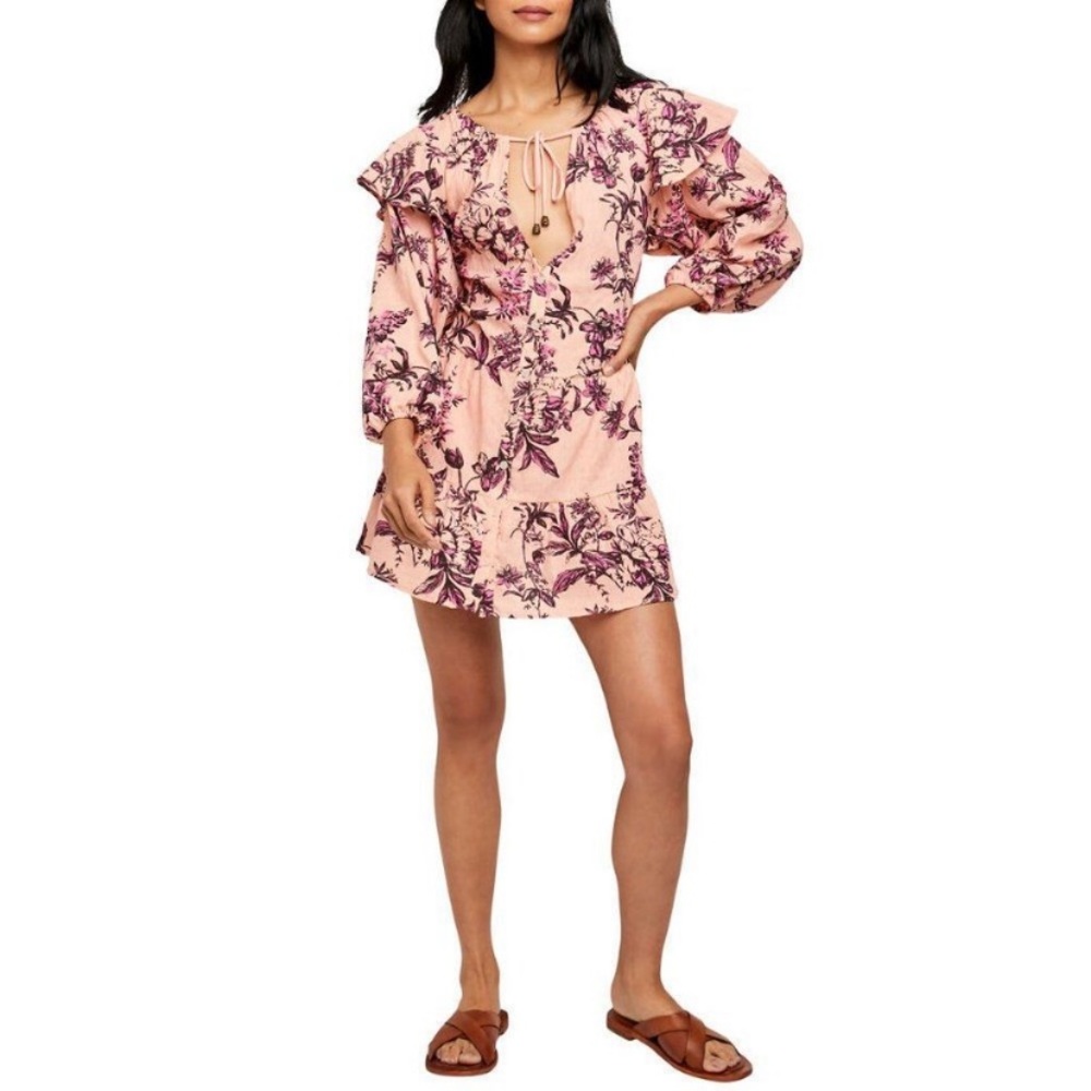Pink Floral Ruffle Mini Dress with Tie Neck